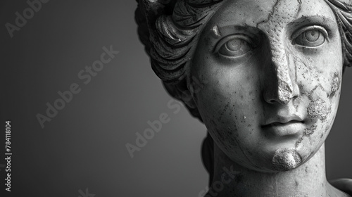 Muse sculpture, nymph head pensive pose. 3d rendering black and white Greek Goddess statue, concept art