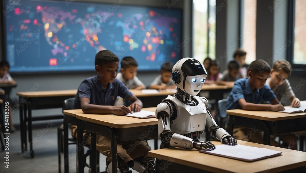 Advanced AI robot in the school classroom with group of students engaged in the learning process Advanced AI robot in the school classroom with group of students engaged in the learning process