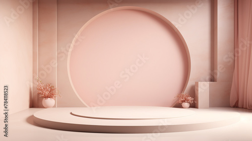 A pink podium with a pink circular backdrop and pink props.