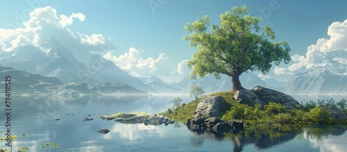 Serene Lakeside Landscape with Lush Tree on Rocky Island under Dramatic Sky Reflected in Calm Waters