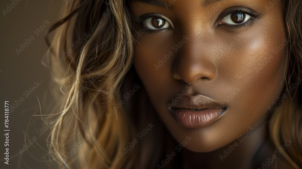 A studio portrait shows an African woman with blonde hair, bathed in natural light that highlights her unique beauty. Portrait of a woman with delicate and beautiful features. A studio portrait shows an African woman with blonde hair, bathed in natural light that highlights her unique beauty. Portrait of a woman with delicate and beautiful features.