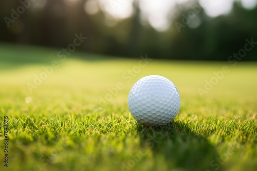 Close-up view of a white golf ball resting on the lush green grass of a well-maintained golf course, with a beautifully blurred background landscape and clear blue sky on a sunny day