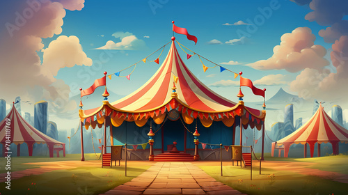 A red and white striped circus tent with a red flag on top. There are clouds in the sky and mountains in the distance. photo