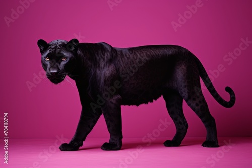 A sleek black panther isolated on a vivid pink background, showcasing its elegant form and captivating presence. Perfect for projects seeking a touch of untamed grace and allure.