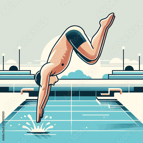 male swimming athlete jumping belly-flop into a swimming pool in a flat design illustration
