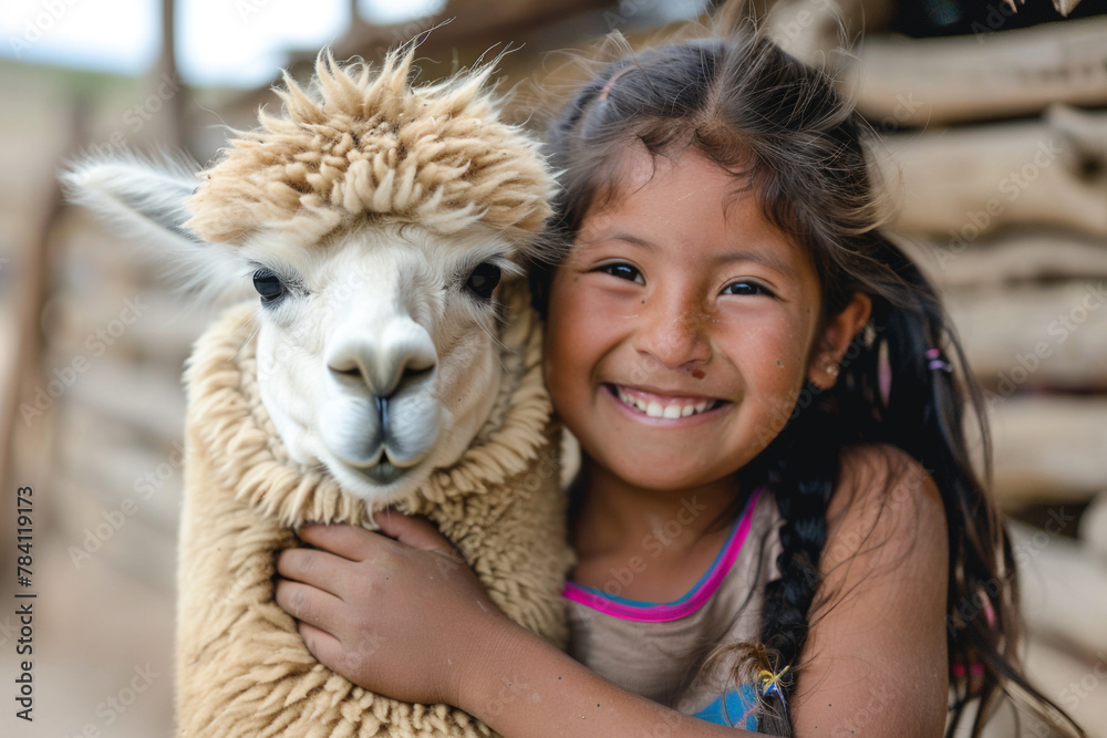 A young girl with a big smile hugging a fluffy alpaca. A young girl with a big smile hugging a fluffy alpaca.