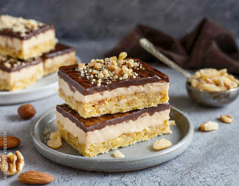 Nanaimo bars, Canadian dessert with wafer crumbs, nuts and cocoa a layer, vanilla custard and topped with chocolate. Nanaimo bars, Canadian dessert with wafer crumbs, nuts and cocoa a layer, vanilla custard and topped with chocolate.