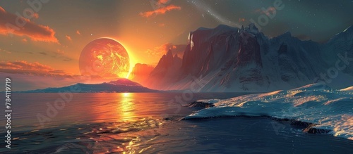 Otherworldly Solaris Sunset over Icy Alien Shoreline with Dramatic Mountainous Landscape photo