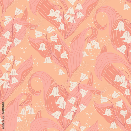 Seamless pattern with stylized lily of the valley flowers against a background of magical stars and sparkles in 2024 Peach Fuzz colors. Delicate shades of pink and peach. Warmth and spring mood. (ID: 784119986)