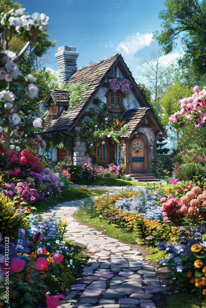 Enchanting Cottage Garden with Winding Paths and Blooming Flowers