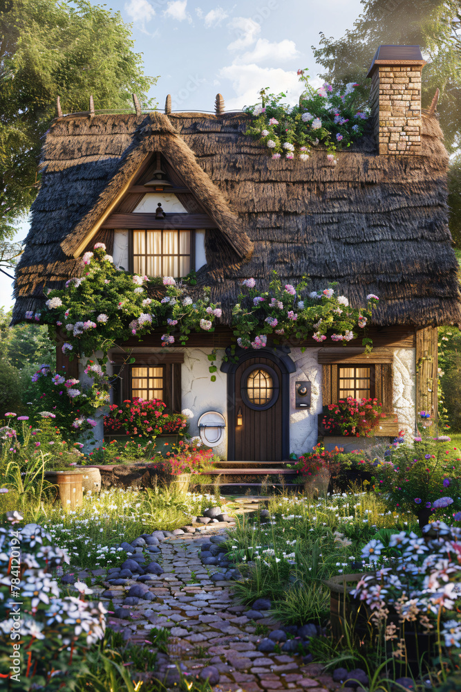 Thatched-Roof Countryside Cottage: Flower-Filled Window Boxes