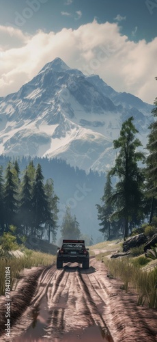 Car on dirt road with mountains, trees, and sky in background