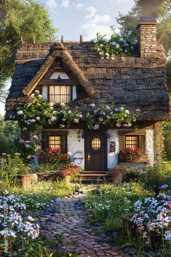 Thatched-Roof Countryside Cottage: Flower-Filled Window Boxes