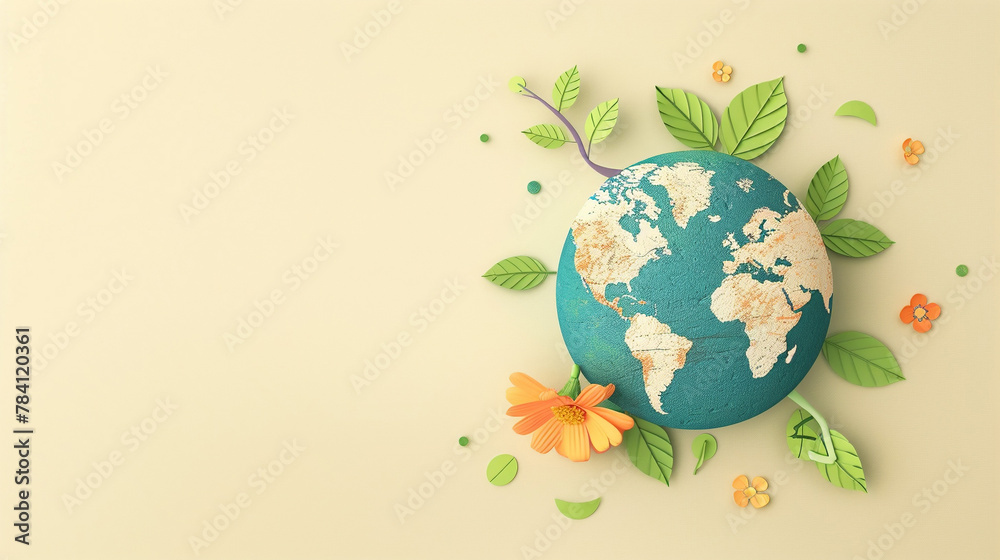 Illustration of planet earth day and leaves and flower around the world, isolated background