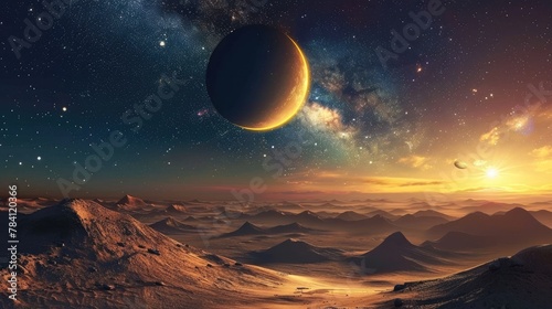 Awe Inspiring Galactic Panorama Explore an Otherworldly Alien Landscape Under the Glow of a Distant Planet