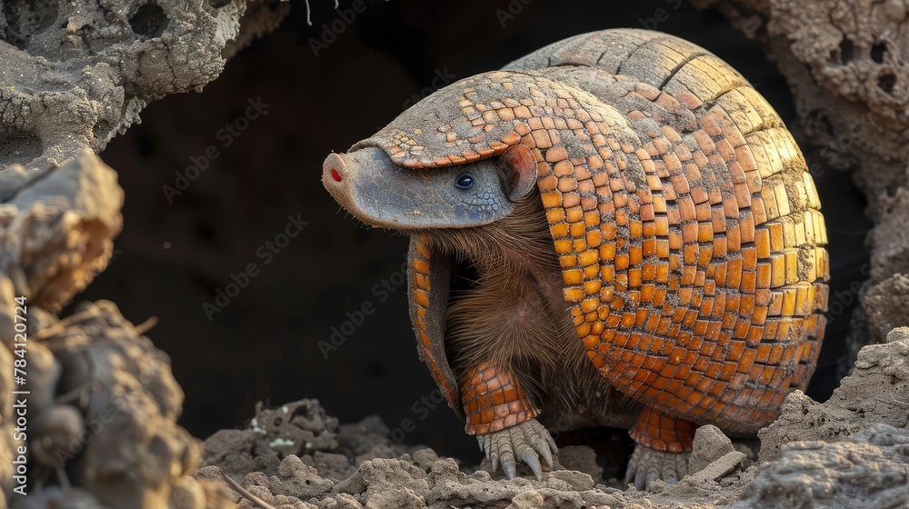 A large, orange and brown animal with a hard shell. It is standing in a hole in the ground