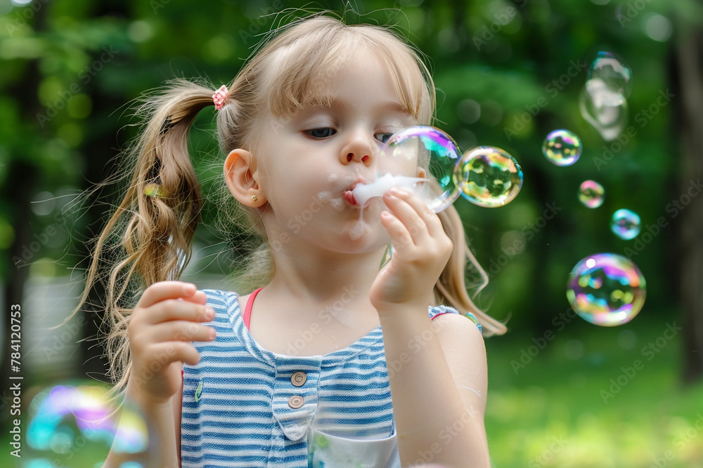 A young girl with a playful expression, blowing soap bubbles in a park.
