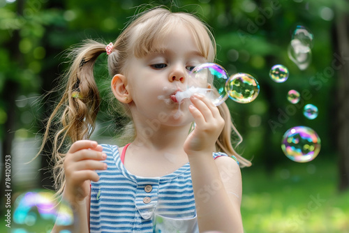 A young girl with a playful expression  blowing soap bubbles in a park.