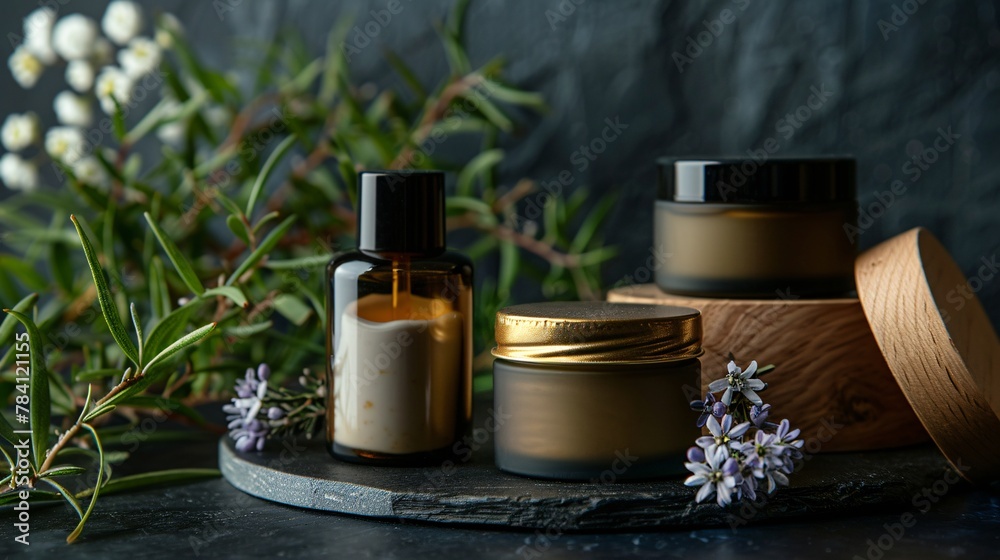 Luxurious Open Cosmetic Cream Jar on Dark Stone Background. Elegant black jar of natural face cream with open lid, surrounded by green foliage and warm candle light, perfect for spa and skincare. Luxurious Open Cosmetic Cream Jar on Dark Stone Background. Elegant black jar of natural face cream with open lid, surrounded by green foliage and warm candle light, perfect for spa and skincare.