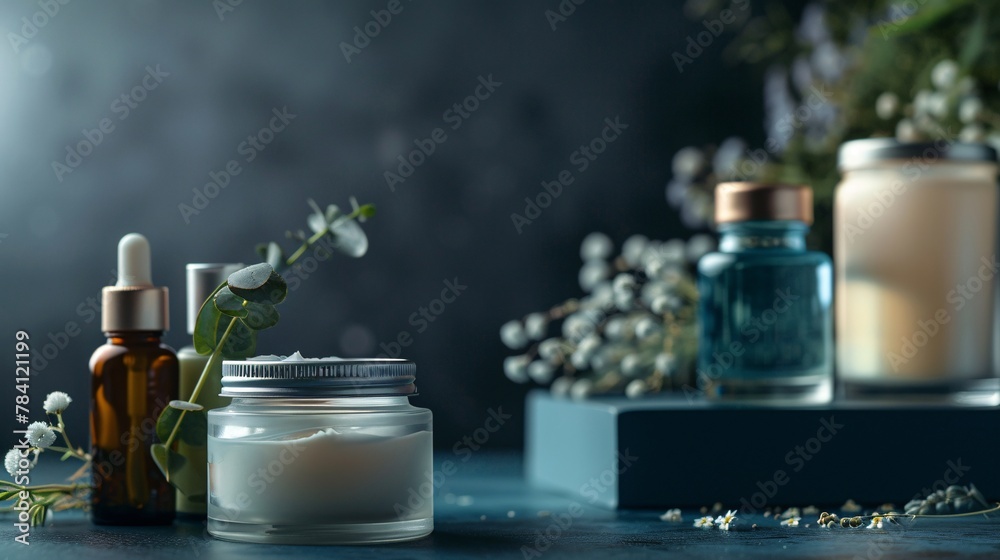 Luxurious Open Cosmetic Cream Jar on Dark Stone Background. Elegant black jar of natural face cream with open lid, surrounded by green foliage and warm candle light, perfect for spa and skincare. Luxurious Open Cosmetic Cream Jar on Dark Stone Background. Elegant black jar of natural face cream with open lid, surrounded by green foliage and warm candle light, perfect for spa and skincare.