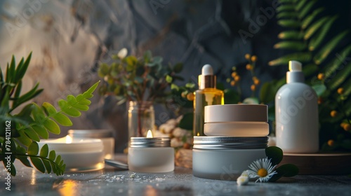 Luxurious Open Cosmetic Cream Jar on Dark Stone Background. Elegant black jar of natural face cream with open lid  surrounded by green foliage and warm candle light  perfect for spa and skincare.