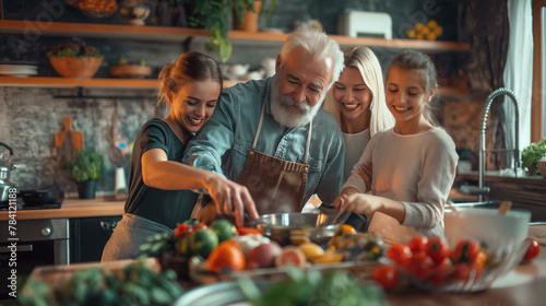 Cheerful family spending good time together while cooking in kitchen  realistic imag