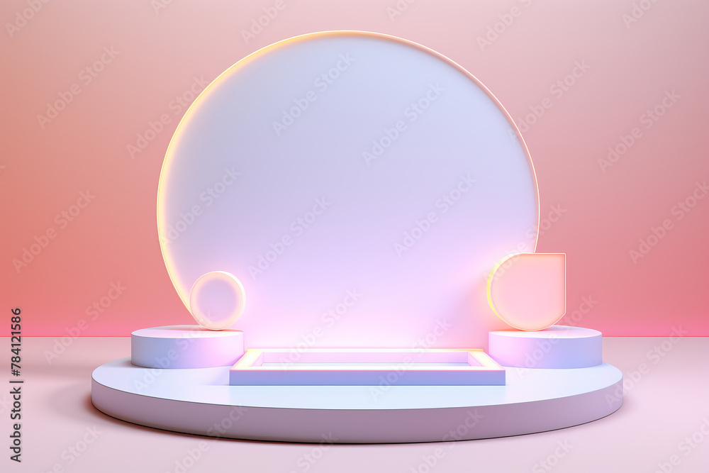 Pink and white podium with a glowing circle and shapes. Pink and white podium with a glowing circle and shapes.