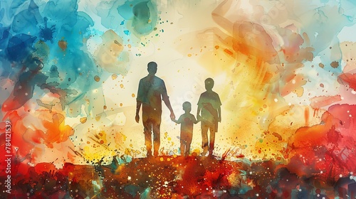 Silhouette of Father and child in Vibrant Watercolor photo