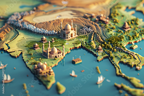 3D miniature map depicting the iconic Taj Mahal and surrounding landscape.