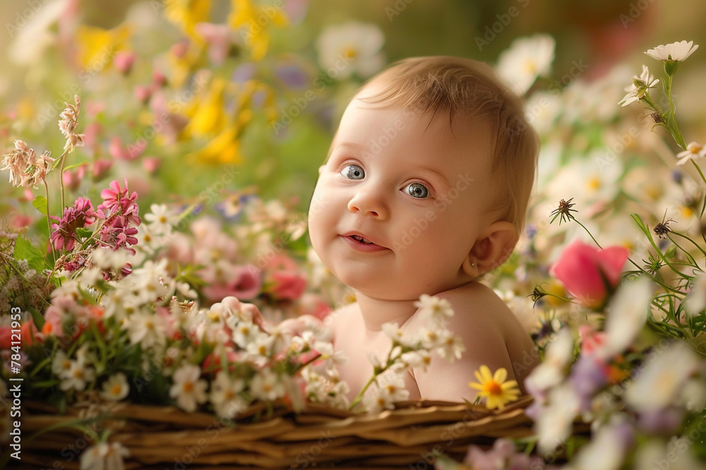 Adorable baby sitting in a basket, surrounded by freshly picked flowers. Adorable baby sitting in a basket, surrounded by freshly picked flowers.