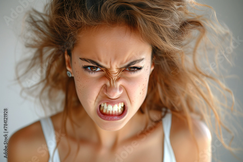 Angry woman with bared teeth, high-energy emotion