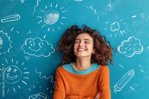 Young woman laughing in front of doodle wall, creative joy
