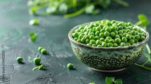 Bowl with fresh green peas on dark green background © Firuz