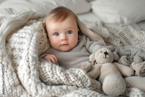 Adorable baby sitting in a pile of soft blankets, cuddling a plush toy.