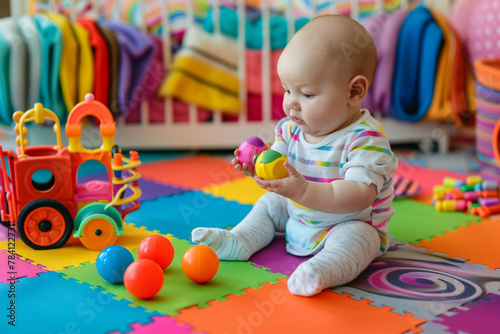Adorable baby sitting on a colorful mat, surrounded by musical toys.
