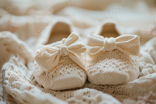 A pair of adorable baby shoes with tiny bows.