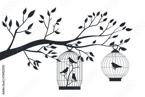 Bird cage hanging on tree. Exotic birds in in metal cages silhouettes, decorative birds cage on tree, finch, budgie and canary in tree cage flat vector silhouette illustration