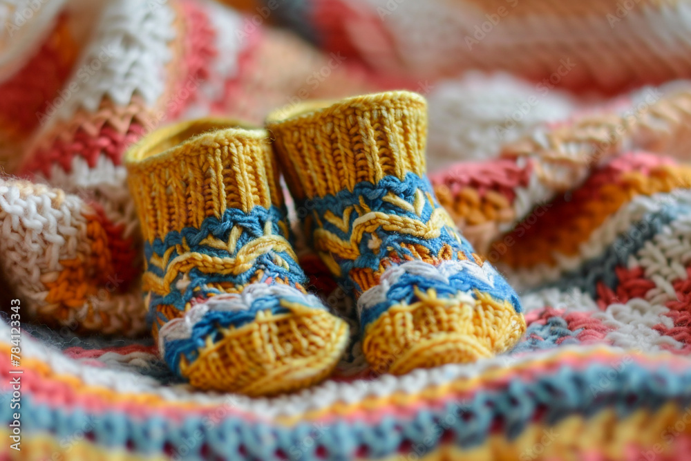 A pair of baby booties resting on a knitted blanket.