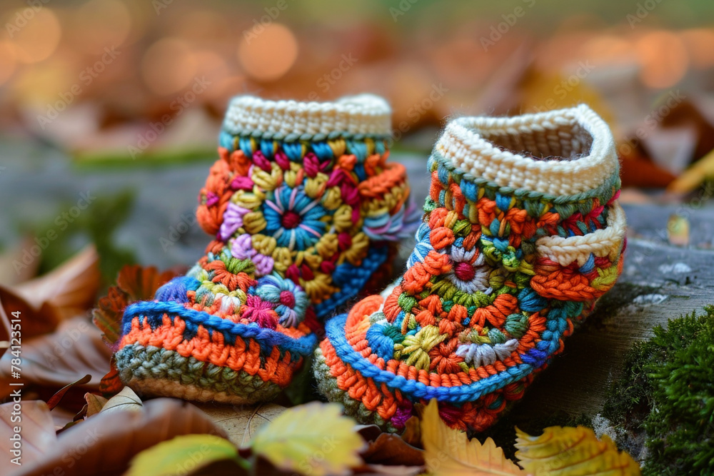 A pair of baby booties with intricate crochet patterns.