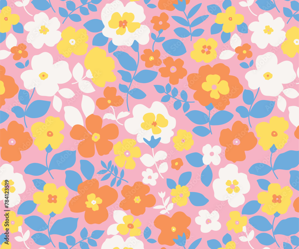 Seamless pattern floral background with simple hand drawn flower  and Leaves Vector