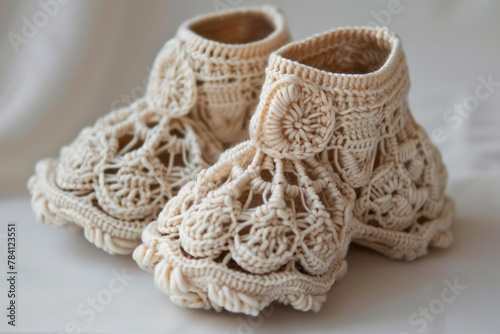 A pair of baby booties with intricate crochet patterns.