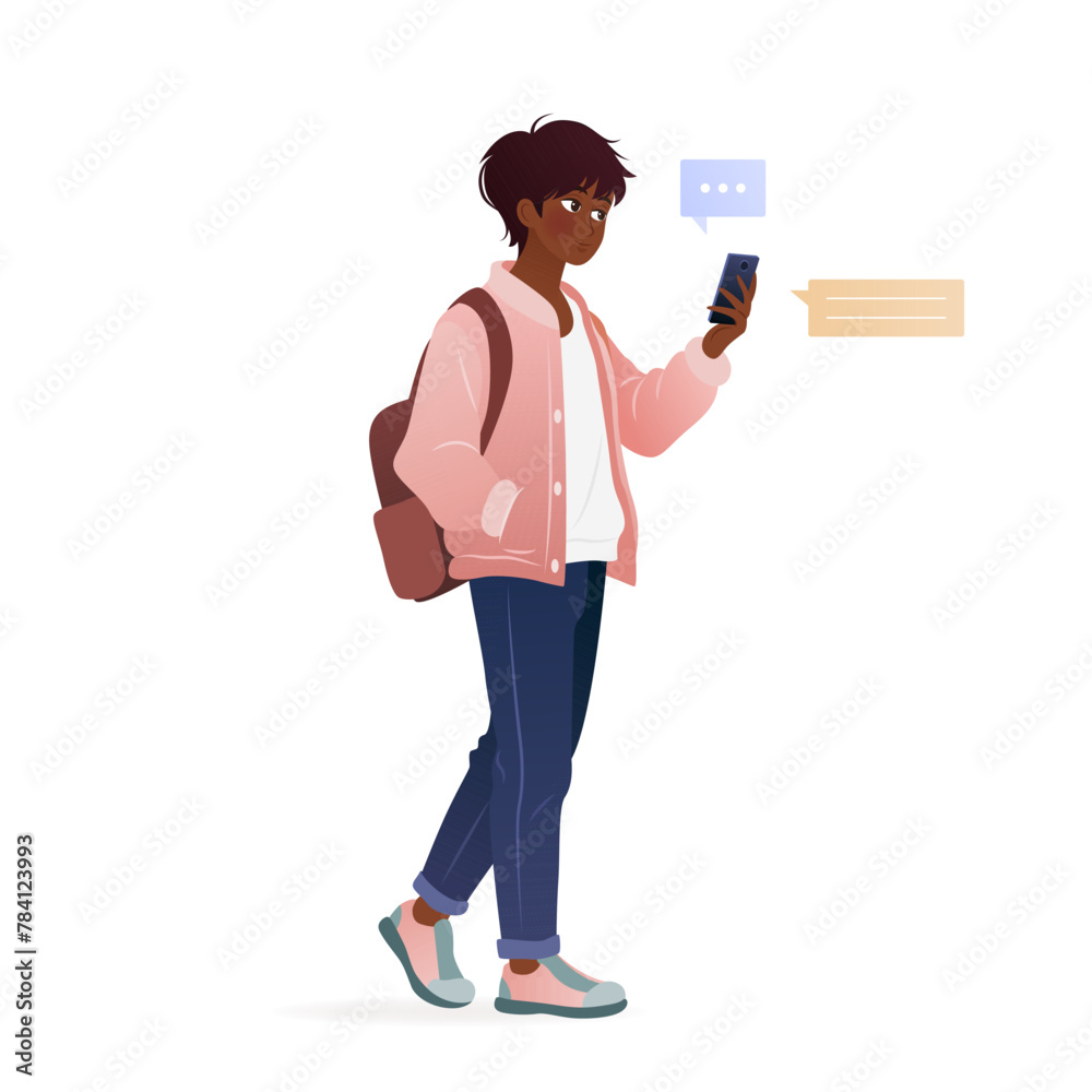 Student in casual clothing standing and using his smartphone. Male character with backpack holding a mobile phone in his hands and reading messages. isolated vector illustration on white background. Student in casual clothing standing and using his smartphone. Male character with backpack holding a mobile phone in his hands and reading messages. isolated vector illustration on white background.
