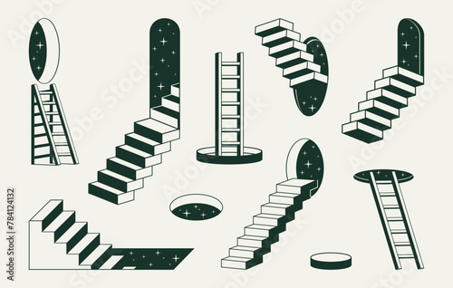 Monochrome surreal stairs. Geometric abstract ladders, minimal design staircases flat vector illustration set. Outline stairway elements collection