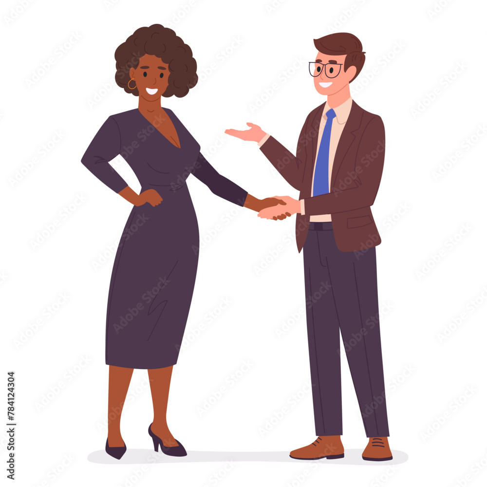 People handshake. Office male and female business characters shaking hands, man and woman agreement gesture flat vector illustration. Colleagues shaking hands