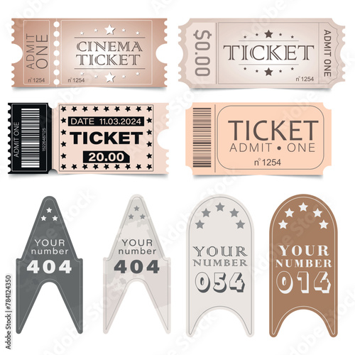 Retro set of cinema tickets. Vintage style. Classic coupon