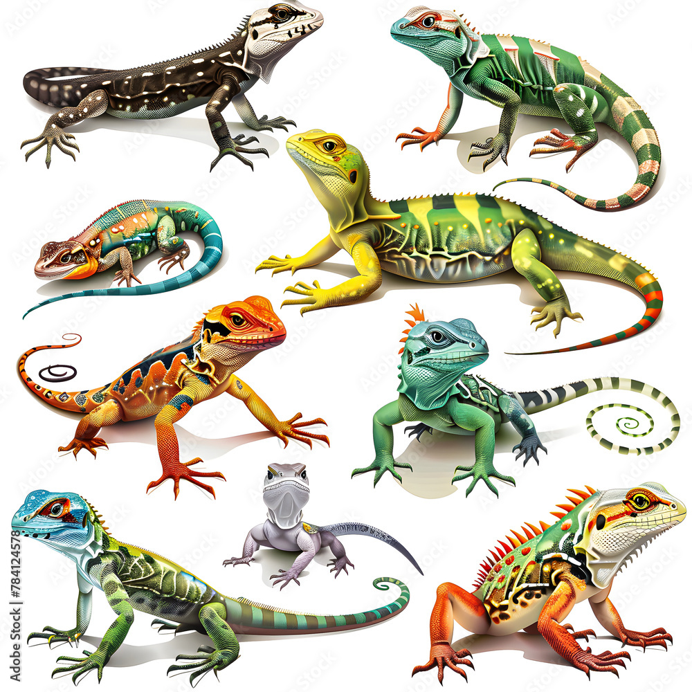 Fototapeta premium Clipart illustration featuring a various of lizard on white background. Suitable for crafting and digital design projects.[A-0001]
