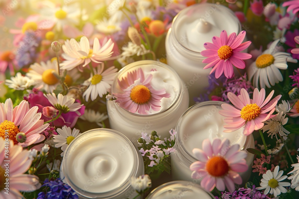 Skincare Collection. Skincare Collection in Blossom. A vibrant display of floral-infused skincare creams in harmony with a burst of colorful spring blossoms, capturing the essence of botanical beauty.