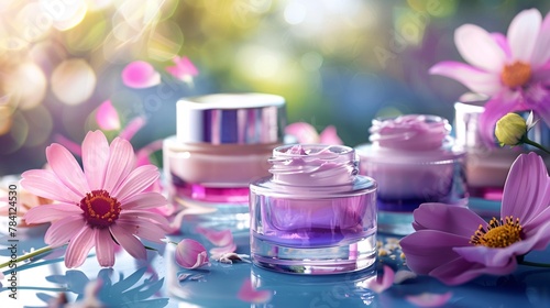 Skincare Collection. A vibrant display of floral-infused skincare creams in harmony with a burst of colorful spring blossoms  capturing the essence of botanical beauty.