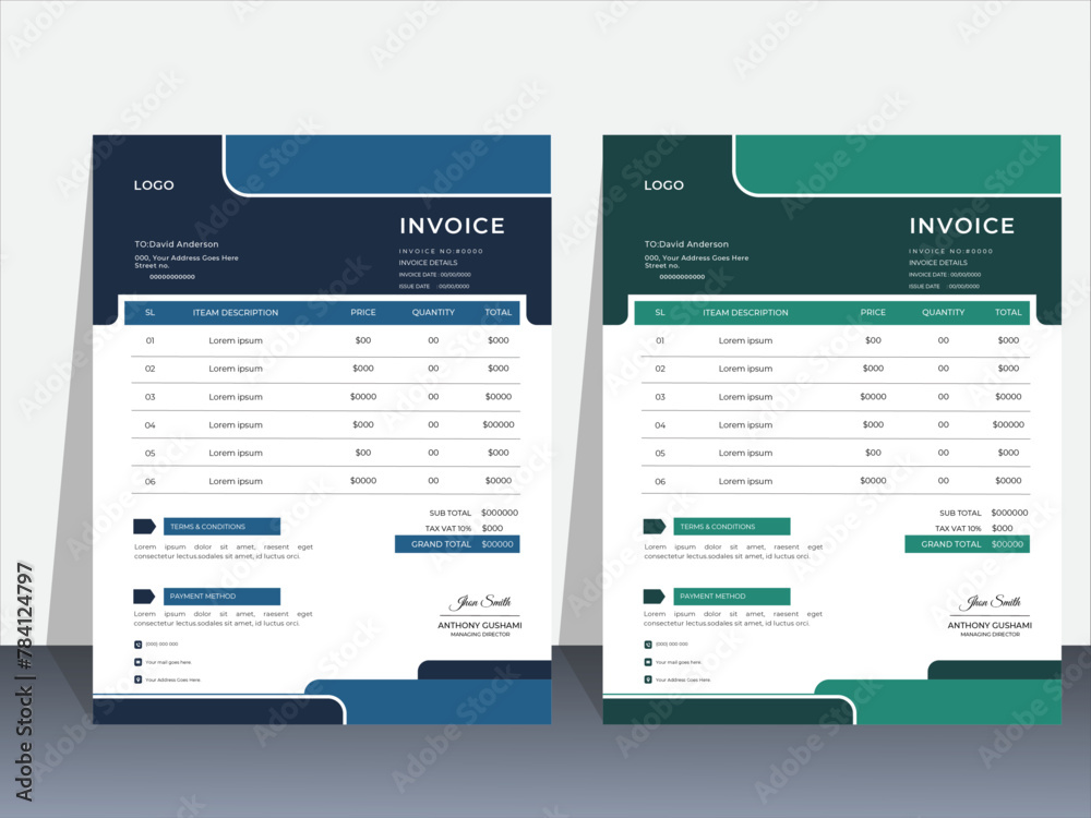 Simple abstract minimal design invoice for your business uses with color variation