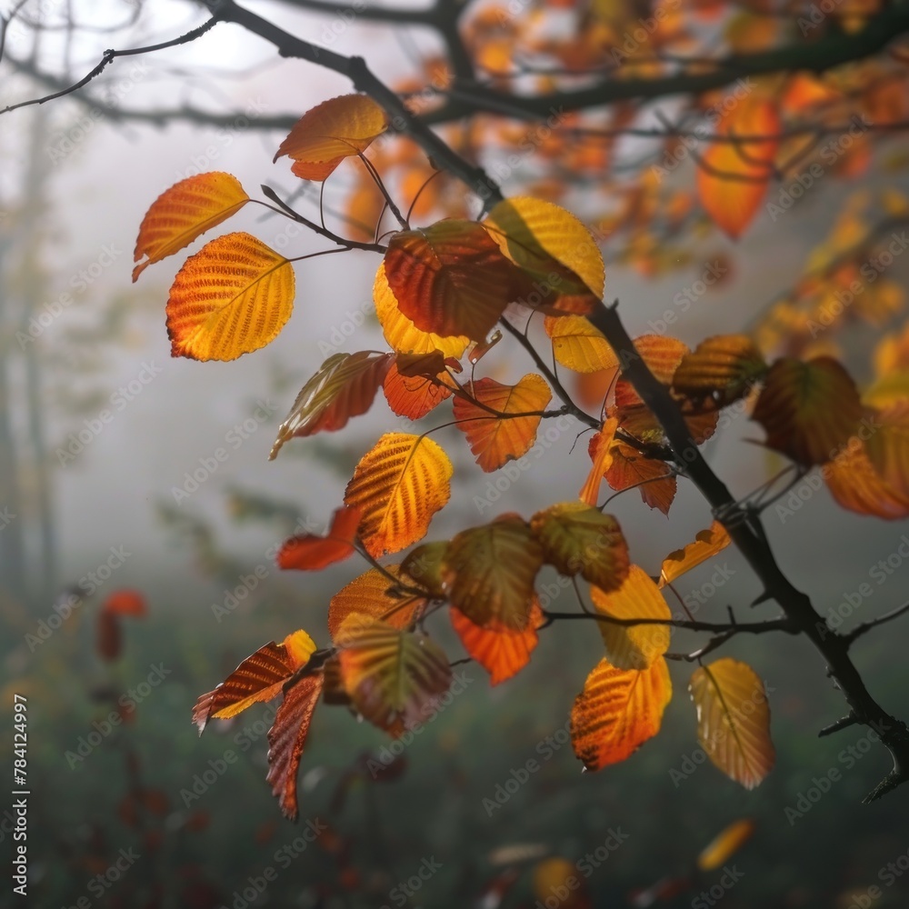 A branch of a tree with orange leaves in the fall.